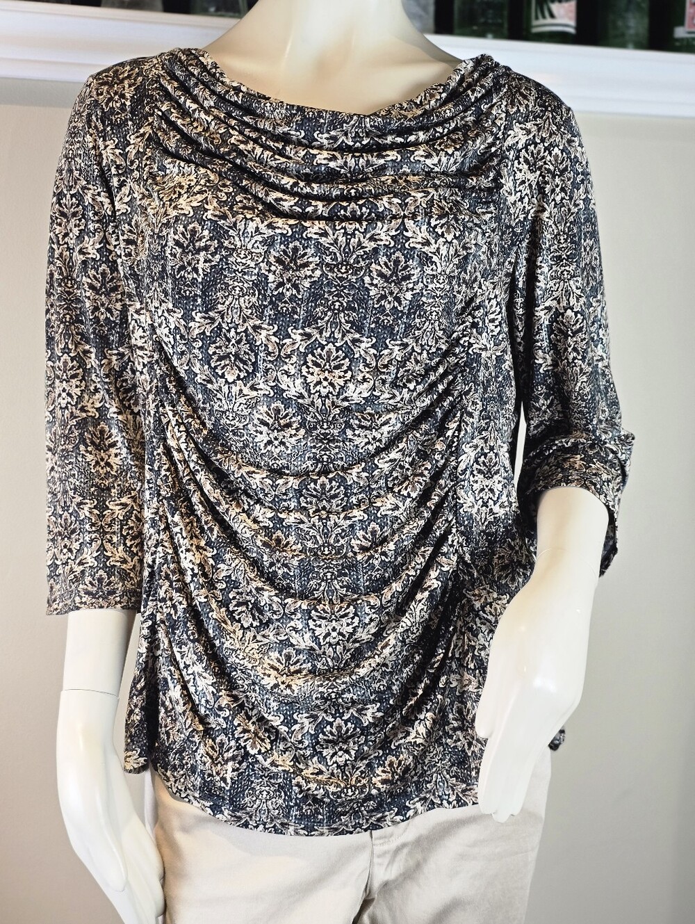 Tribal XL Draped Neck Blouse Ornate Damask Print Ruched Top Flattering Fit